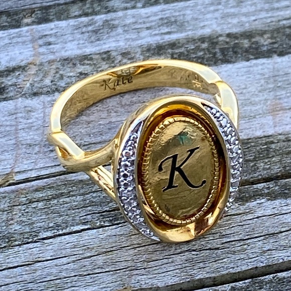 Danbury Mint blue birthstone Diamond flip ring initial K 14kt gold plated sz 7 - Picture 13 of 16